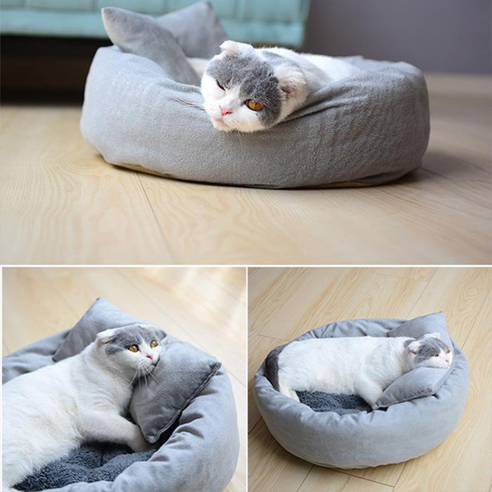 Round Short Plush Pet Bed With Pillow