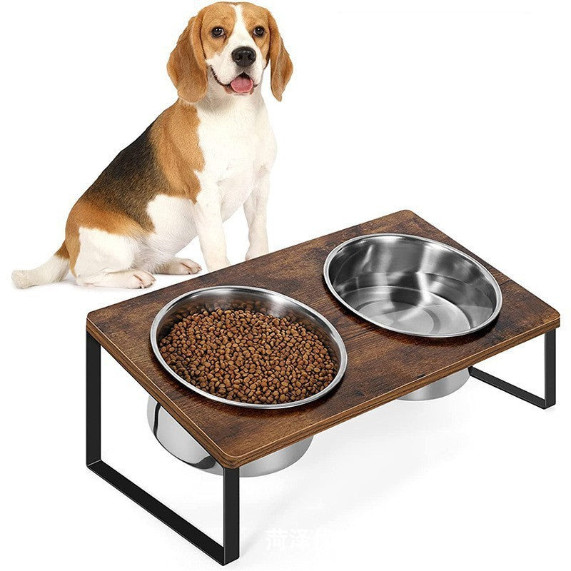 Log Pet Feeding Iron Wood Combined Bowl Rack